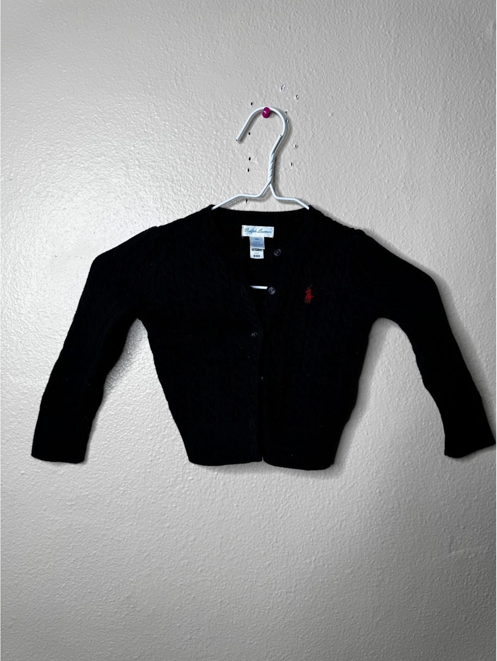 Ralph Lauren Unisex Baby 18M Black Cotton Cable Knit Cardigan Red Pony